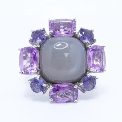 Sterling Silver Cabochon Moonstone Iolite Amethyst Gemstone Cluster Ring 7.25 - Image 1 of 4