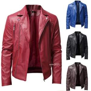 Mens Leather Casual Biker Motorcycle Jacket Coat Soft Classic Biker Style Fit - Picture 1 of 20