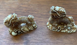 Set of 2 Small Chinese Dragon Statues/Figures, Polymer Looks Like Carved Bone - Picture 1 of 4