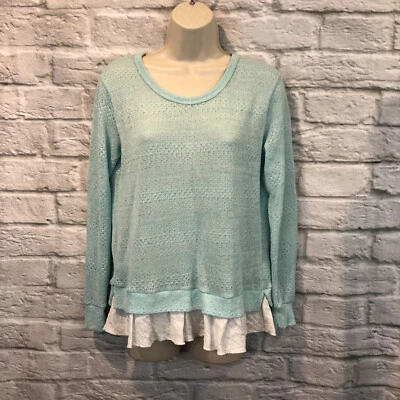 Clu + Willoughby SMALL Teal/Ivory Knit Tie Back Layered Light Weight Sweater Top - Image 1 of 4
