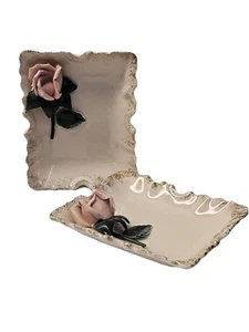Vintage Set of Lefton Trinket Tray Small Pink Rose Victorian Style Vanity Decor - Picture 1 of 12