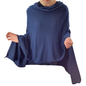 POM Peace of Mind Blue Cotton Beaded Lightweight Knitted Poncho One Size NWT - Picture 1 of 8