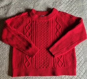 Land's End Canvas Women's L Cable Knit Wool Sweater Bright Red Longsleeve Thick - Picture 1 of 10