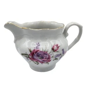 Brocca barattolo creatore ceramica vintage 1980 Favolina rosa e viola floreale bordo oro - Foto 1 di 6