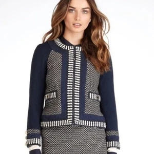 Tory Burch Leandra Navy Blue, White & Metallic Gold Tweed Jacket, Size 4 - Picture 1 of 9