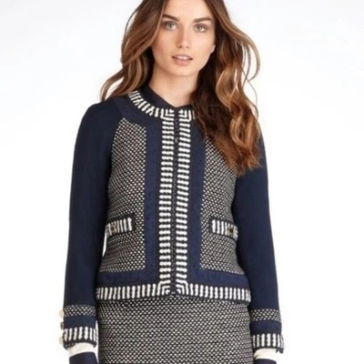 Tory Burch Leandra Navy Blue, White & Metallic Gold Tweed Jacket, Size 4 - Image 1 of 4