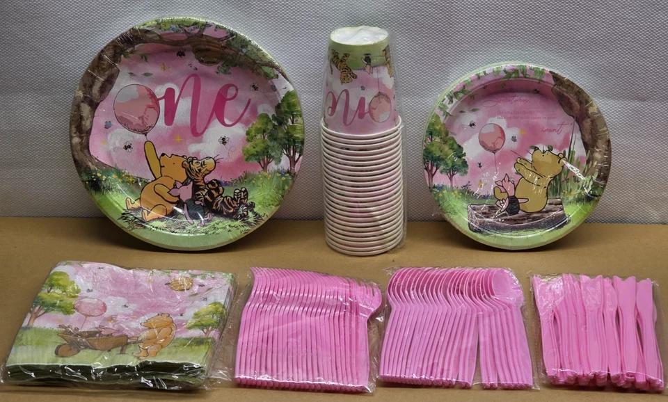 Winnie Pooh 1-й (один) день рождения вечеринки тарелки салфетки чашки посуда классический медведь - Изображение 1 из 4