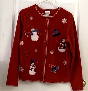 Cárdigan de Navidad FASHION BUG polar MEDIANO adornado muñeco de nieve vintage rojo - Imagen 1 de 13