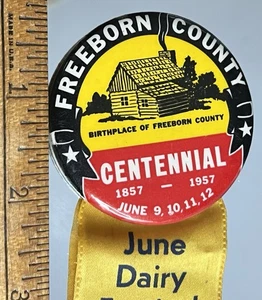 Centenario del condado de Freeborn 1957, botón Pinback, cinta, convención de bomberos - Imagen 1 de 6