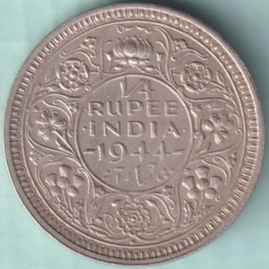 BRITISH INDIA 1944 KING GEORGE VI 1/4 RUPEE RARE SILVER COIN - Picture 1 of 2