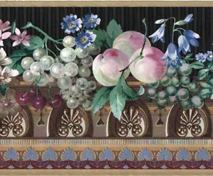 Black Stripe Gold Ornate Fruit Peach Plum Grape Floral Silk Wallpaper Border - Picture 1 of 6
