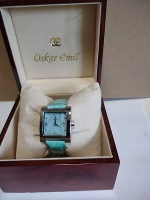 Relógio feminino Oskar Emil St Petersburg pulseira de couro azul com diamantes genuínos - Imagem 1 de 4