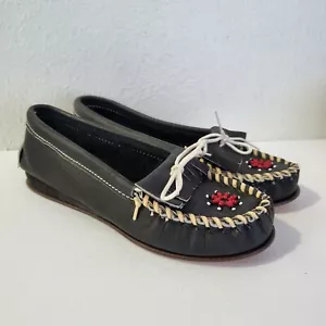 Vintage Lazaros Santa Fe Black Leather Moccasin Sun Circle Beadwork NOS 4 - Picture 1 of 11