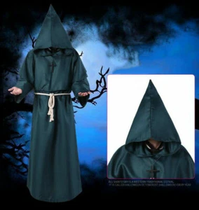 Priest Coat Lace Up Robe Monk Puppet Halloween Wizard Costume Cosplay Cloak Hood - Picture 1 of 16