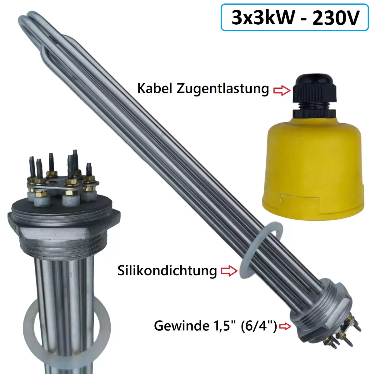 ELEKTRO HEIZSTAB HEIZPATRONE Edelstahl Heizelement Heizlanze Badheizkörper 900 266536110014