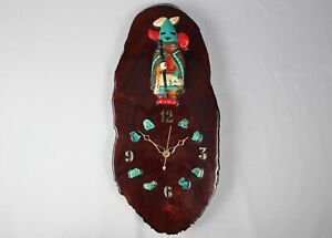 Vintage wood slab clock w turquoise and Native American Kachina figure, As-Is