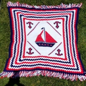 Hand Crocheted RED WHITE & BLUE NAVY BOAT Patriotic USA Afghan Blanket Throw 4' - Picture 1 of 9
