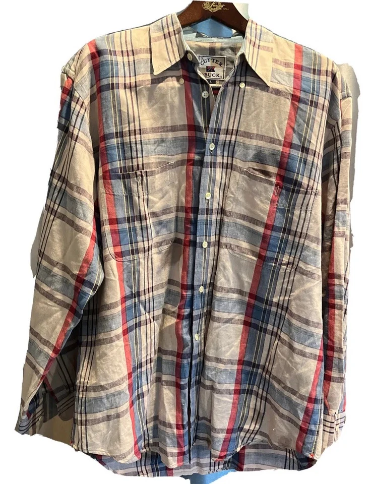 LINEN cotton PLAID SHIRT  blue red beige Button long sleeve USA BEACH TRAVEL LRG - Image 1 of 4