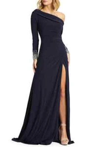 Ieena Mac Duggal 12231A One Shoulder Long Sleeve Jersey Gown SZ 8 Midnight - Picture 1 of 2