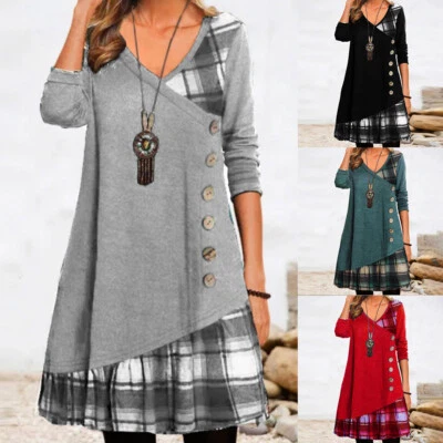 Hot Womens Tartan V Neck T-Shirt Dress Ladies Plaid Check Swing Mini Dresses - Image 1 of 4