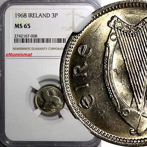 Ireland Republic Copper-Nickel 1968 3 Pence NGC MS65 LAST YEAR TYPE  KM# 12a(08) - Picture 1 of 4