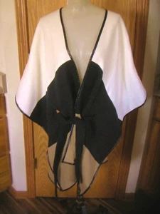 ANN TAYLOR-BLK/CAMEL/IVORY-BELTED-CAPE/SHAWL-ACRYLIC BODY-FAUX LEATHER TRIM-O/S - Picture 1 of 8