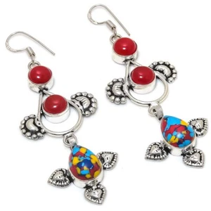 Mosaic Jasper, Carnelian Gemstone 925 Sterling Silver Handmade Earring 3.03 " J6 - Picture 1 of 7