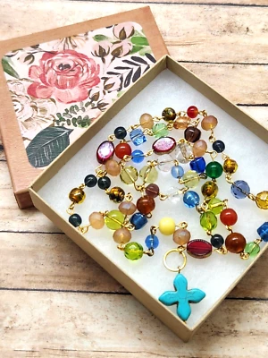 Винтажные стеклянные бусины ожерелье 26» ручной работы конец дня стиль и искусственная бирюза  - Изображение 1 из 4