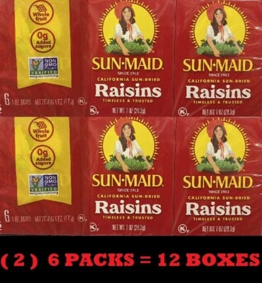 2x Sun Maid Sun-Maid California Raisins Sun Dried Snack NON GMO 6 Pks - 12 BOXES - Image 1 of 4