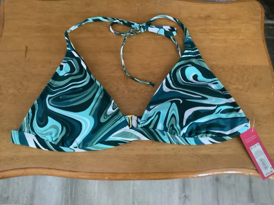Xhilaration Juniors Swirl Triangle Cut Bikini Swim Top Green Teal Sz XL (12-14)