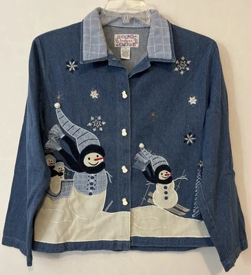 复古 Tantrums 女式 XL 雪人纽扣棉牛仔领夹克! A5563 银色 — 第 1/4 张图片