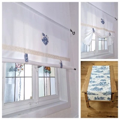 Raffrollo Gardine B.60/80/90..155cm naturweiß Toile de Jouy Raffgardine Landhaus - Bild 1 von 4