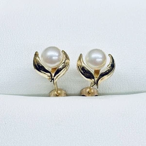 14k Yellow Gold Leaf Pearl Stud Earrings 5mm - Picture 1 of 4