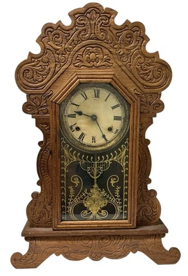 Reloj Waterbury Estante Pan de Jengibre c1890 Funciona Madera Antigua Foto 1 de 4