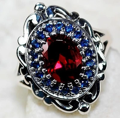 Anillo de filigrana de plata de ley 925 granate de fuego y zafiro de 3 quilates talla 6 US1 Foto 1 de 3