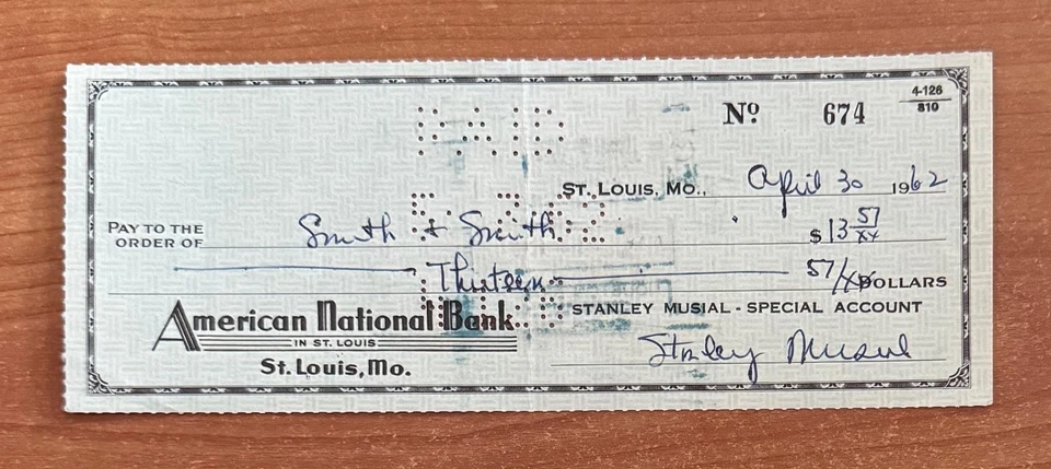 Vintage 1962 Stan "The Man" musical autografiado cheque #674 - St Louis Cardinals Foto 1 de 1
