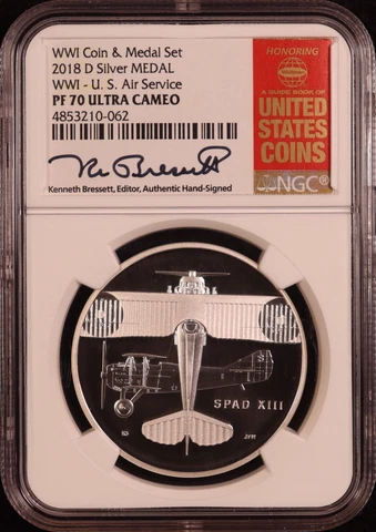 2018-D WW1 U.S. Air Service Proof Silver Medal - NGC PF70 UCAM! Bressett Signed Cover