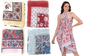 large Floral hand block printed 100% COTTON Sarong wrap Beach Scarf UK SELLER - Picture 1 of 22