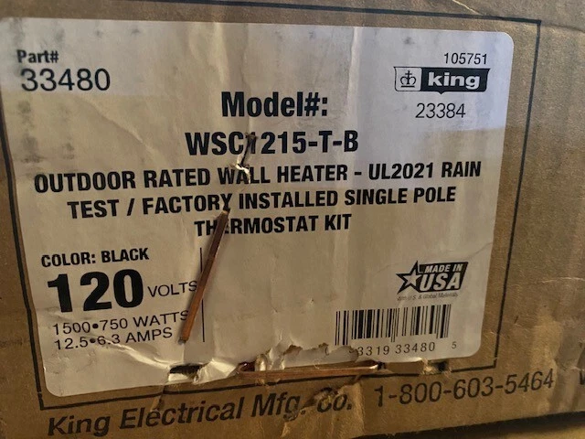 Calentador de pared eléctrico King 120 voltios 1500 vatios 5118 BTU/H montado en superficie negro Foto 1 de 1