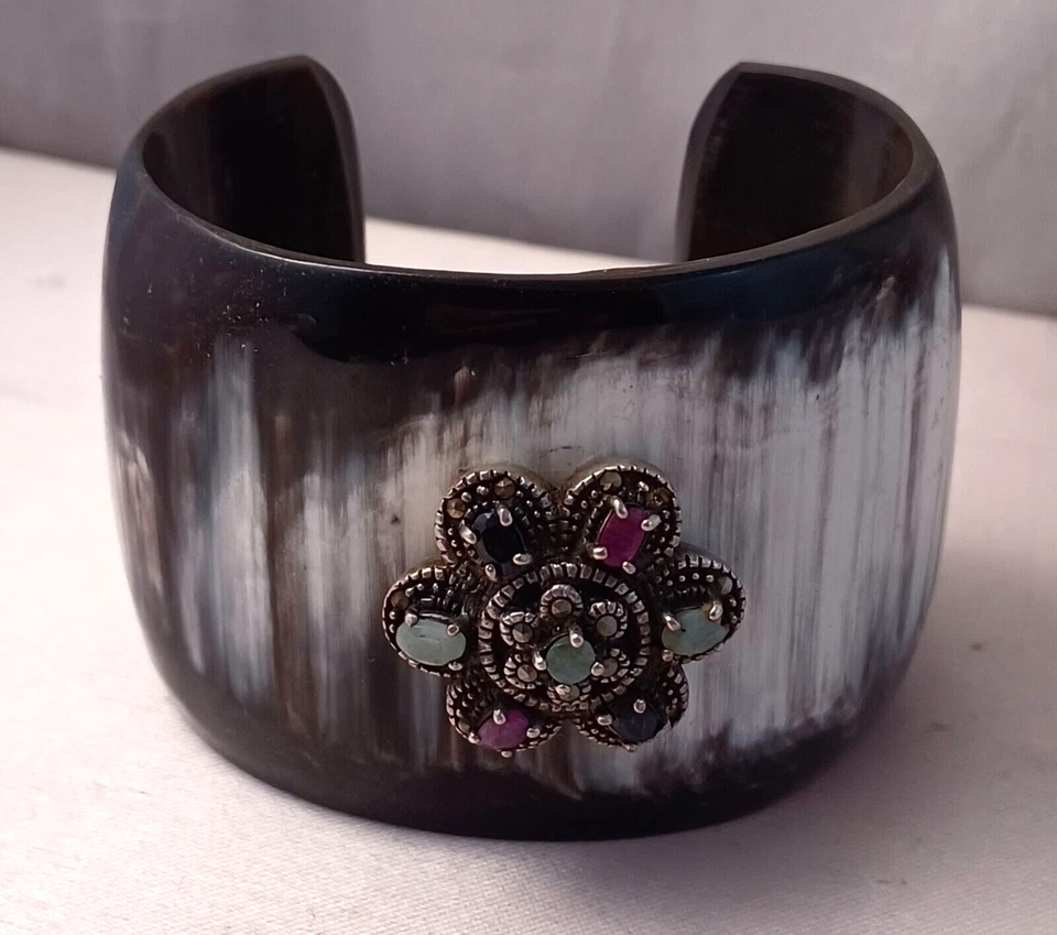 Beautiful Black & White Horn w/ Sterling & Gemstone Decoration Cuff Bracelet 2" - Image 1 of 4