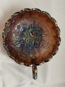 VTG Signed Iridescent Imperial Carnival Glass Handled Nappy Bowl Pansy Design EC - Picture 1 of 10