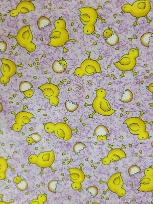 2/3 Yard Vintage Cotton Fabric Yellow Chicks Eggs Hatch Purple Material 44" Wide - Image 1 of 4
