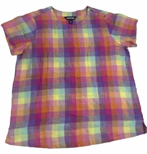 Lands End Short Sleeve Blouse Womens Medium Check Colorful 100% Linen Button - Picture 1 of 8
