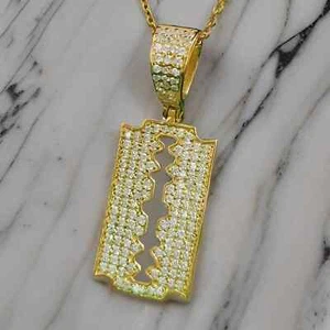 2Ct Round Cut Real Moissanite Razor Blade Pendant 14K Yellow Gold Plated Silver - Picture 1 of 6