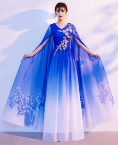 Gorgeous V Neck Embroidery Flowers Long Train Evening Dresses Chic Stage Costume - Picture 1 of 13