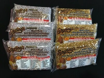 SIX Sterling Non Scratch Sterling's Sponges Scrub Pads 3 Silver 3 Gold Scrubbers