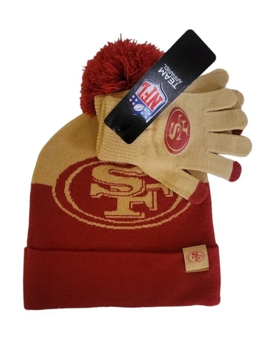 San Francisco 49ers NFL Youth Boys / Girls 2pc Cuffed Pom Hat Cap & Gloves Set Cover