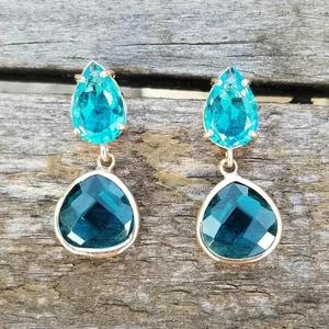 14k Gold Blue Topaz Stud Earrings, Topaz Dangle Earrings, December Birthstone - Picture 1 of 5