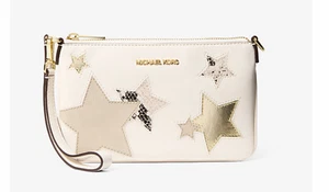MICHAEL KORS Jet Set Small Star Appliqué Wristlet Pouch Gold Cream Leather NWT - Picture 1 of 4