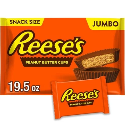 Copos de manteiga de amendoim tamanho lanche chocolate ao leite REESE'S, saco jumbo de doces, 19,5 oz - Imagem 1 de 4